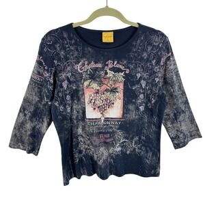 Katina Marie Y2K Womens Black Acid Wash Wine Graphic 3/4 Sleeve Top Rhinestone M